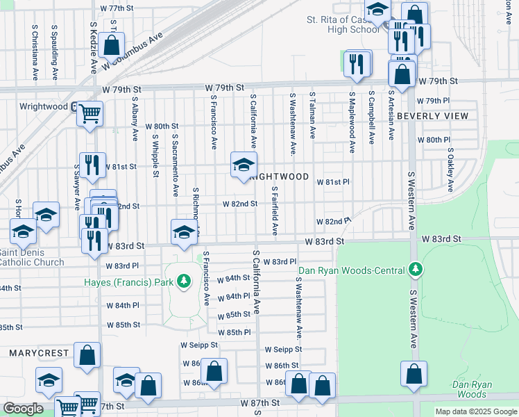 map of restaurants, bars, coffee shops, grocery stores, and more near 8205 South California Avenue in Chicago