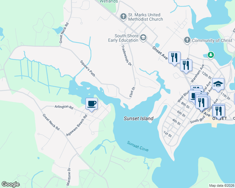 map of restaurants, bars, coffee shops, grocery stores, and more near 100 Squaw's Path in Wareham