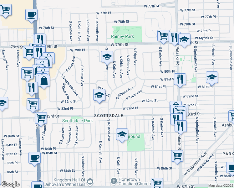 map of restaurants, bars, coffee shops, grocery stores, and more near 4328 West 81st Street in Chicago