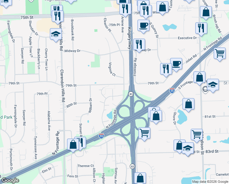 map of restaurants, bars, coffee shops, grocery stores, and more near 16W486 Lake Drive in Willowbrook