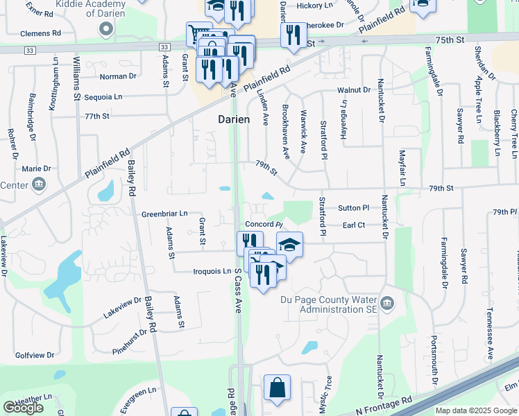 map of restaurants, bars, coffee shops, grocery stores, and more near 1118 Chalet Drive in Darien