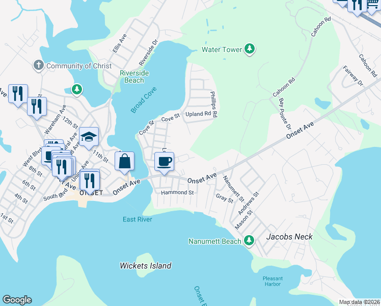 map of restaurants, bars, coffee shops, grocery stores, and more near 34 Carleton Street in Wareham