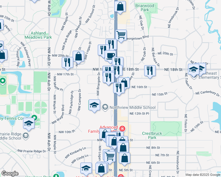 map of restaurants, bars, coffee shops, grocery stores, and more near 1600 North Ankeny Boulevard in Ankeny