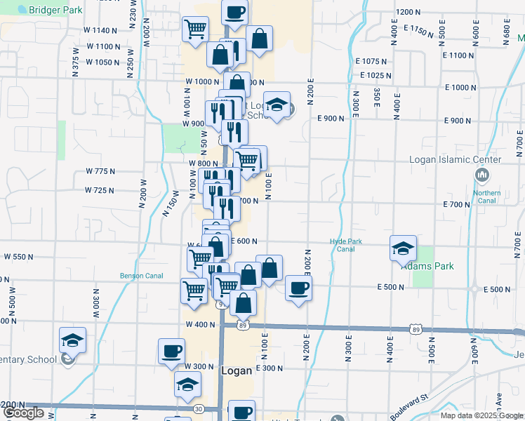 map of restaurants, bars, coffee shops, grocery stores, and more near 681 North 100 East in Logan
