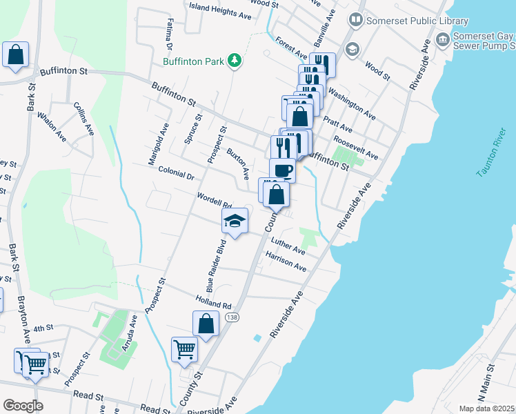 map of restaurants, bars, coffee shops, grocery stores, and more near 105 Shawomet Avenue in Somerset