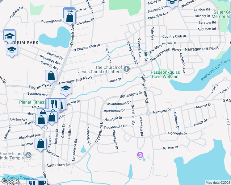 map of restaurants, bars, coffee shops, grocery stores, and more near 40 Rose Street in Warwick