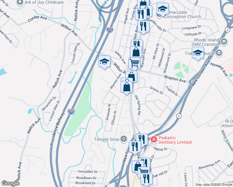 map of restaurants, bars, coffee shops, grocery stores, and more near 25 Allard Street in Cranston