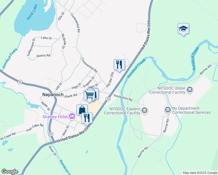 map of restaurants, bars, coffee shops, grocery stores, and more near 16 Continental Road in Napanoch