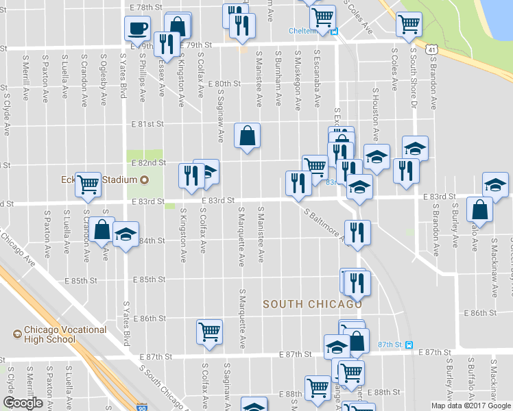 map of restaurants, bars, coffee shops, grocery stores, and more near 8242 South Manistee Avenue in Chicago