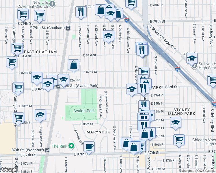 map of restaurants, bars, coffee shops, grocery stores, and more near 8234 South Dorchester Avenue in Chicago