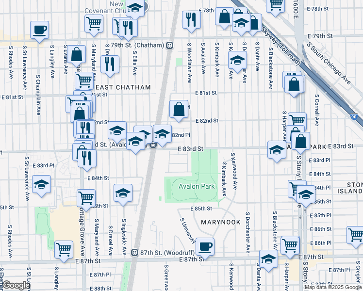 map of restaurants, bars, coffee shops, grocery stores, and more near 8224 South Woodlawn Avenue in Chicago