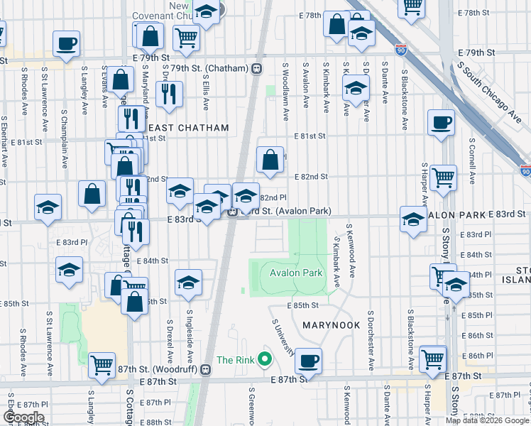 map of restaurants, bars, coffee shops, grocery stores, and more near 1113 East 82nd Place in Chicago
