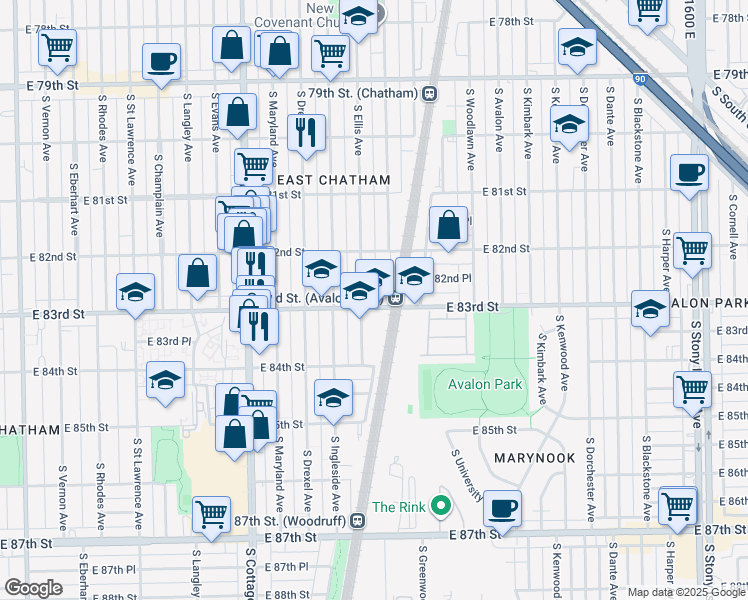 map of restaurants, bars, coffee shops, grocery stores, and more near 8229 South Ellis Avenue in Chicago