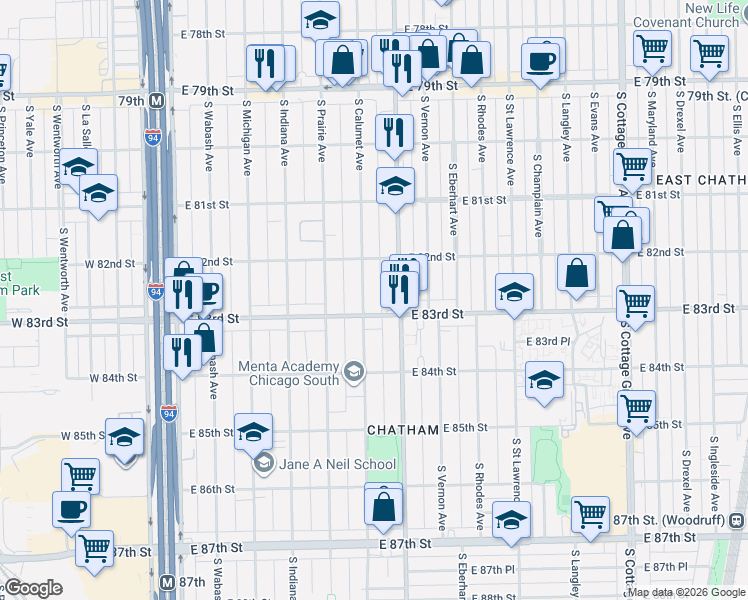 map of restaurants, bars, coffee shops, grocery stores, and more near 8212 South Calumet Avenue in Chicago
