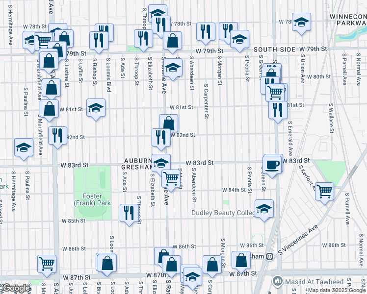 map of restaurants, bars, coffee shops, grocery stores, and more near 1141 West 82nd Street in Chicago
