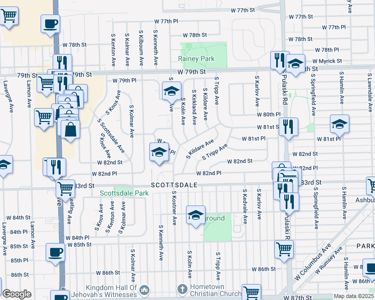 map of restaurants, bars, coffee shops, grocery stores, and more near 4328 West 81st Street in Chicago