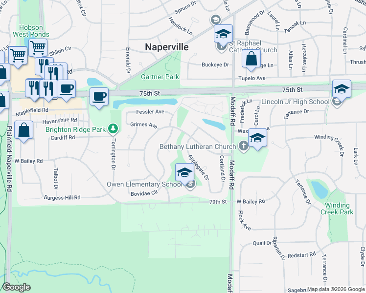 map of restaurants, bars, coffee shops, grocery stores, and more near 1455 Applegate Drive in Naperville