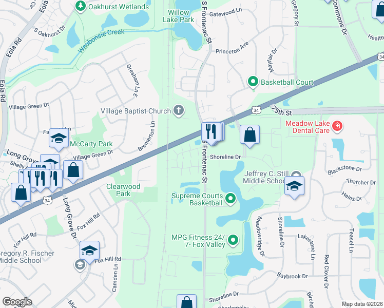 map of restaurants, bars, coffee shops, grocery stores, and more near 3357 Ravinia Circle in Aurora