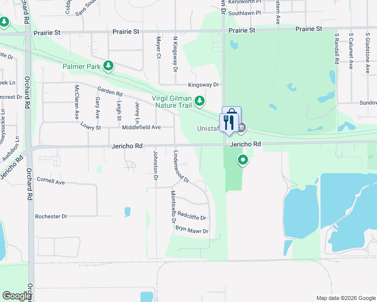 map of restaurants, bars, coffee shops, grocery stores, and more near 1921 Jericho Road in Aurora