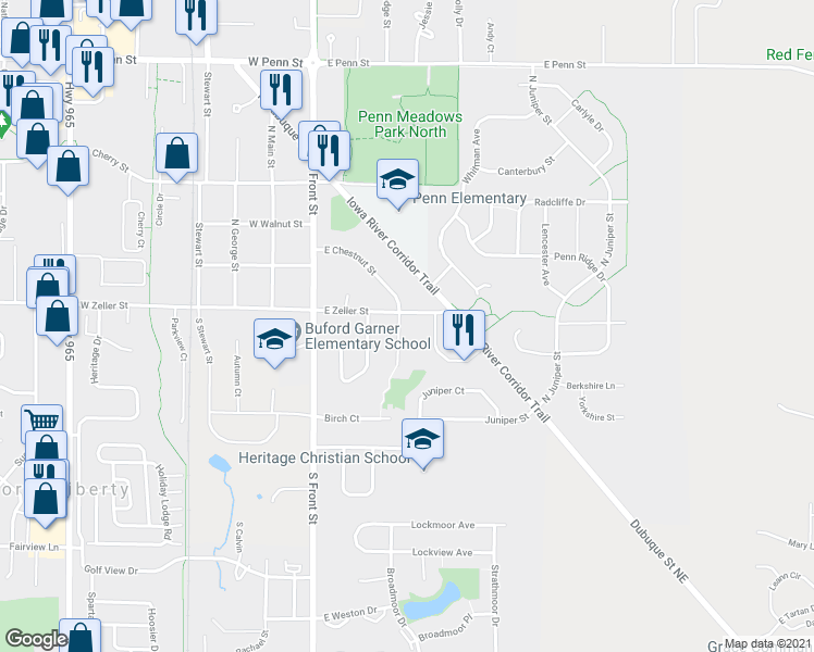 map of restaurants, bars, coffee shops, grocery stores, and more near 110 East Zeller Street in North Liberty