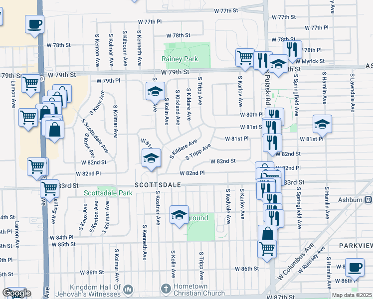 map of restaurants, bars, coffee shops, grocery stores, and more near 4285 West 81st Street in Chicago