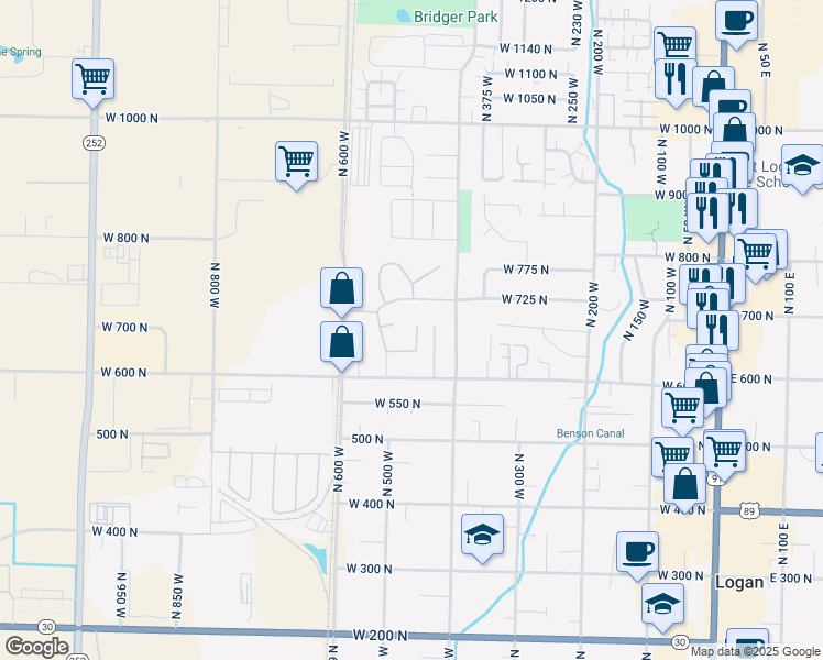map of restaurants, bars, coffee shops, grocery stores, and more near 675 North 450 West in Logan