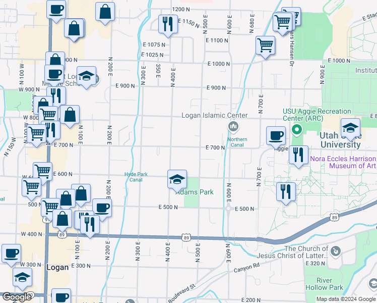 map of restaurants, bars, coffee shops, grocery stores, and more near 462 East 700 North in Logan