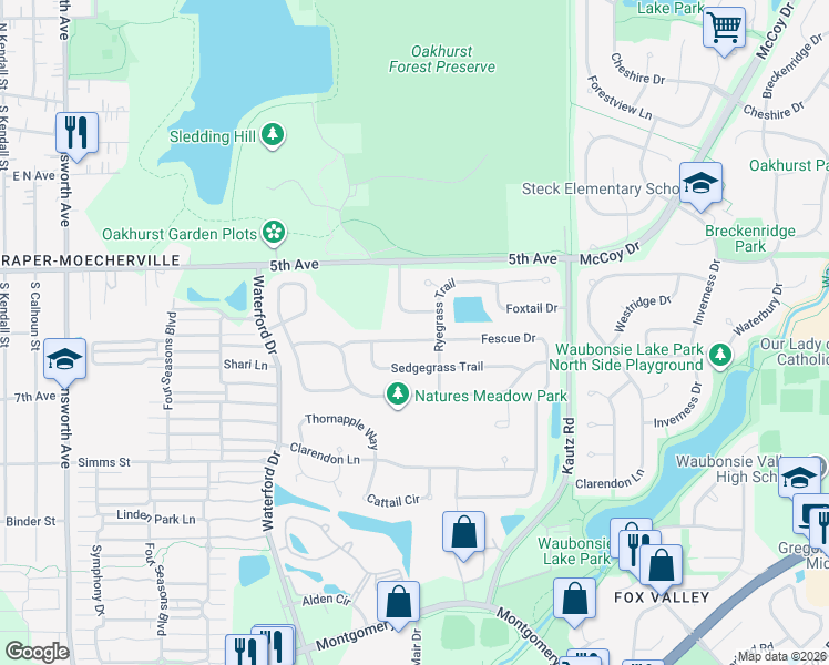 map of restaurants, bars, coffee shops, grocery stores, and more near 1860 Fescue Drive in Aurora