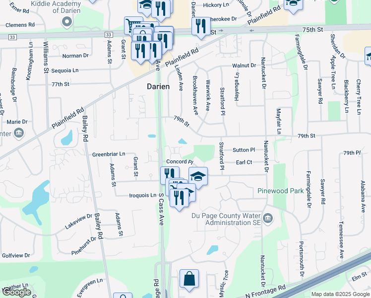 map of restaurants, bars, coffee shops, grocery stores, and more near 1110 Chalet Drive in Darien