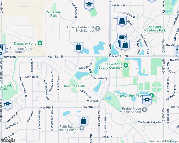 map of restaurants, bars, coffee shops, grocery stores, and more near 1823 Northwest Lakeside Drive in Ankeny