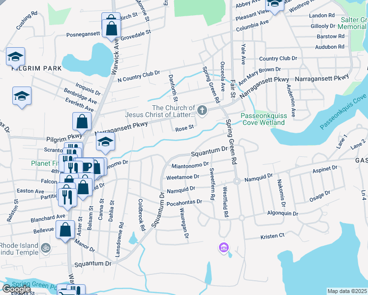 map of restaurants, bars, coffee shops, grocery stores, and more near 40 Rose Street in Warwick