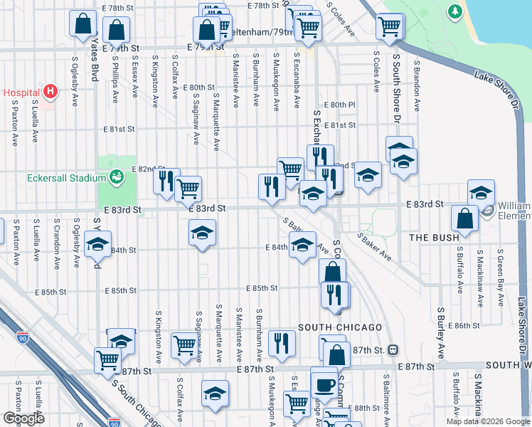 map of restaurants, bars, coffee shops, grocery stores, and more near 2809 East 83rd Street in Chicago