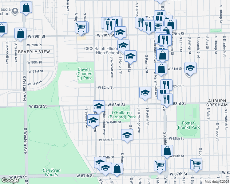 map of restaurants, bars, coffee shops, grocery stores, and more near 8153 South Wolcott Avenue in Chicago