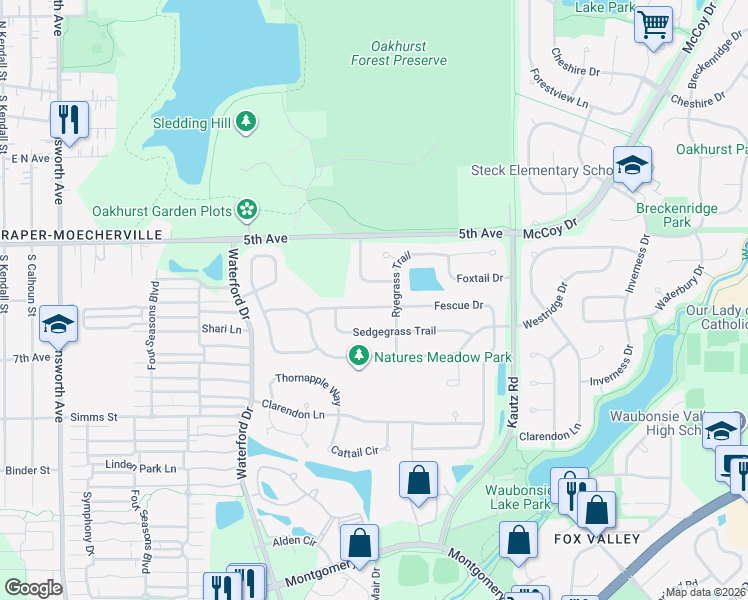 map of restaurants, bars, coffee shops, grocery stores, and more near 654 Spicebush Lane in Aurora