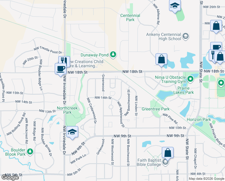 map of restaurants, bars, coffee shops, grocery stores, and more near 2517 Northwest 17th Street in Ankeny