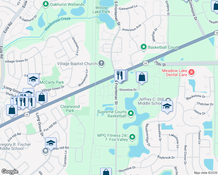 map of restaurants, bars, coffee shops, grocery stores, and more near 3357 Ravinia Circle in Aurora