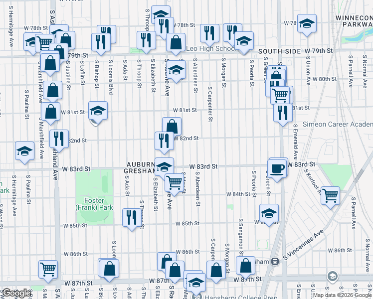 map of restaurants, bars, coffee shops, grocery stores, and more near 1141 West 82nd Street in Chicago