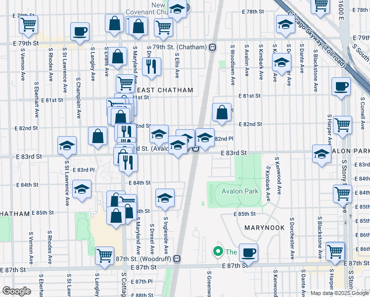 map of restaurants, bars, coffee shops, grocery stores, and more near 8251 South Ellis Avenue in Chicago