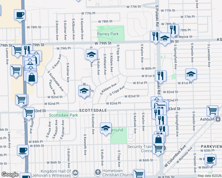 map of restaurants, bars, coffee shops, grocery stores, and more near 4285 West 81st Street in Chicago