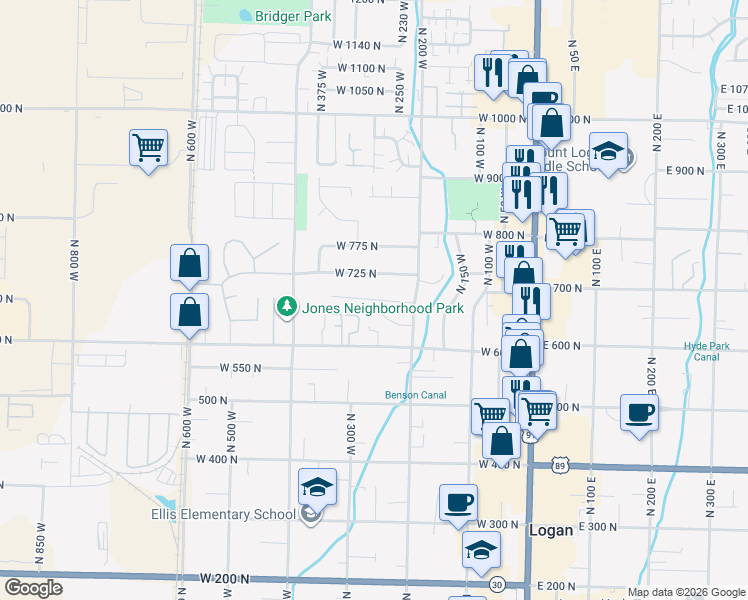 map of restaurants, bars, coffee shops, grocery stores, and more near 279 West 690 North in Logan
