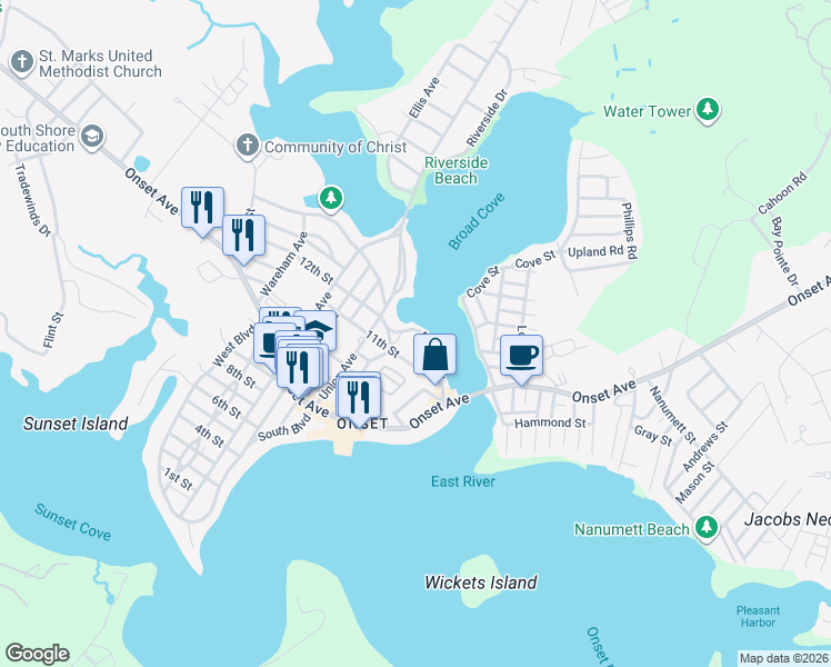 map of restaurants, bars, coffee shops, grocery stores, and more near 30 East Boulevard in Wareham