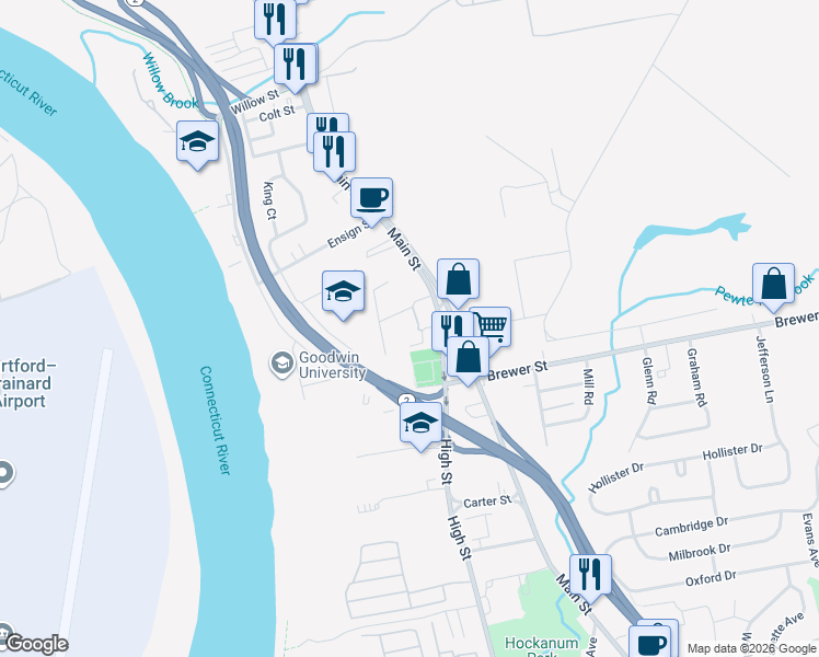 map of restaurants, bars, coffee shops, grocery stores, and more near 31 High Street in East Hartford