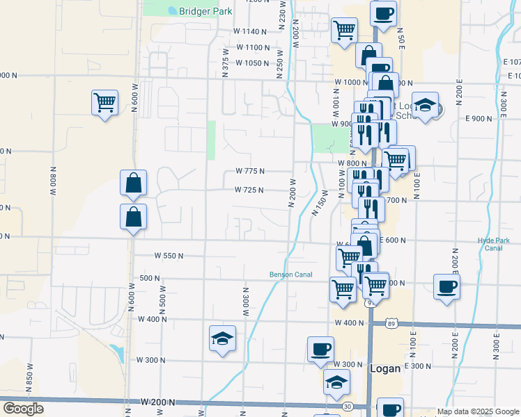 map of restaurants, bars, coffee shops, grocery stores, and more near West 690 North in Logan