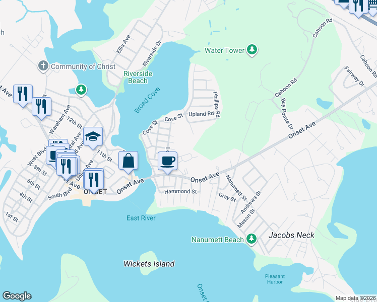 map of restaurants, bars, coffee shops, grocery stores, and more near 34 Carleton Street in Wareham