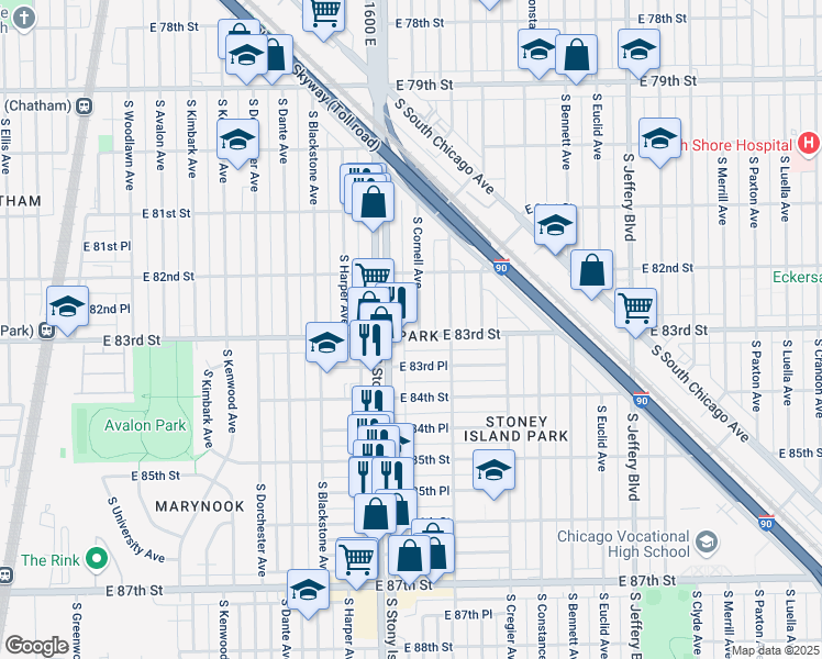 map of restaurants, bars, coffee shops, grocery stores, and more near 8233 South Stony Island Avenue in Chicago