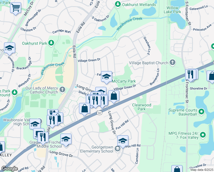 map of restaurants, bars, coffee shops, grocery stores, and more near 3000 Village Green Drive in Aurora