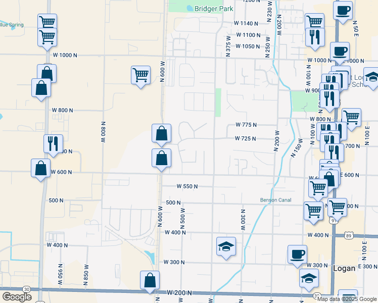 map of restaurants, bars, coffee shops, grocery stores, and more near 482 West 680 North in Logan