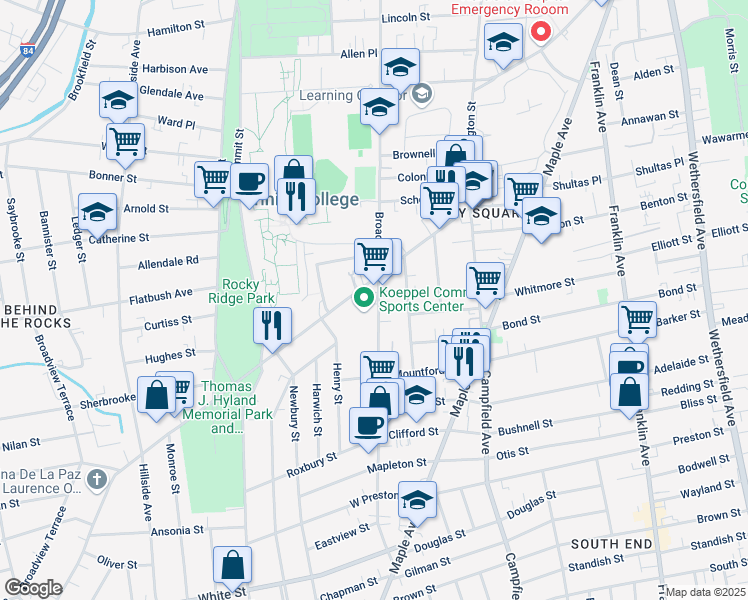 map of restaurants, bars, coffee shops, grocery stores, and more near 125 New Britain Avenue in Hartford