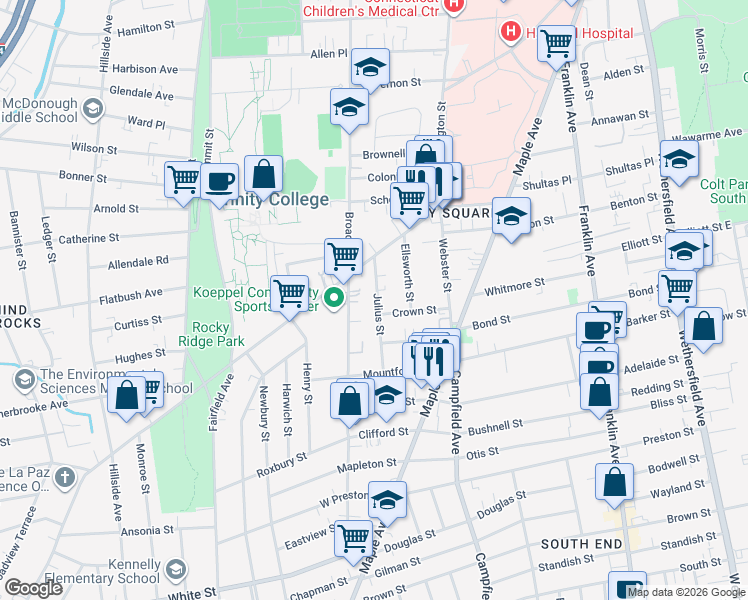 map of restaurants, bars, coffee shops, grocery stores, and more near 20 Julius Street in Hartford