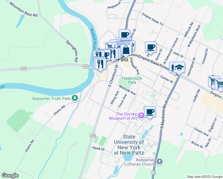 map of restaurants, bars, coffee shops, grocery stores, and more near 43 South Chestnut Street in New Paltz